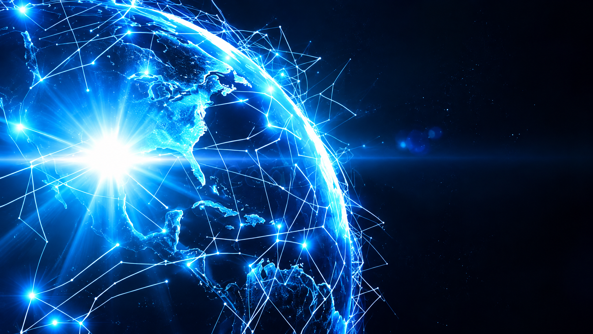 Vibrant digital globe wrapped in a glowing electric-blue network of connected nodes